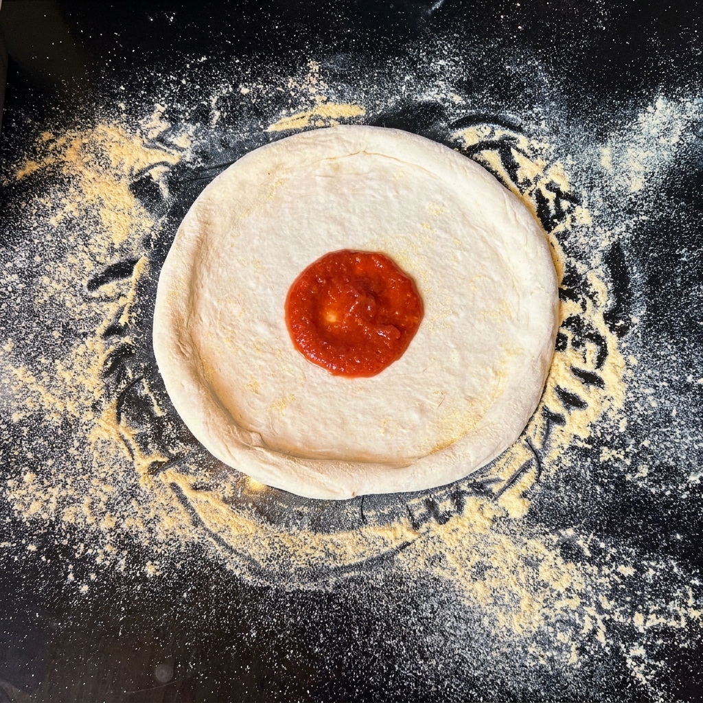 Disque de pâte à pizza sur un plan de travail noir avec une généreuse louche de sauce tomate au centre.