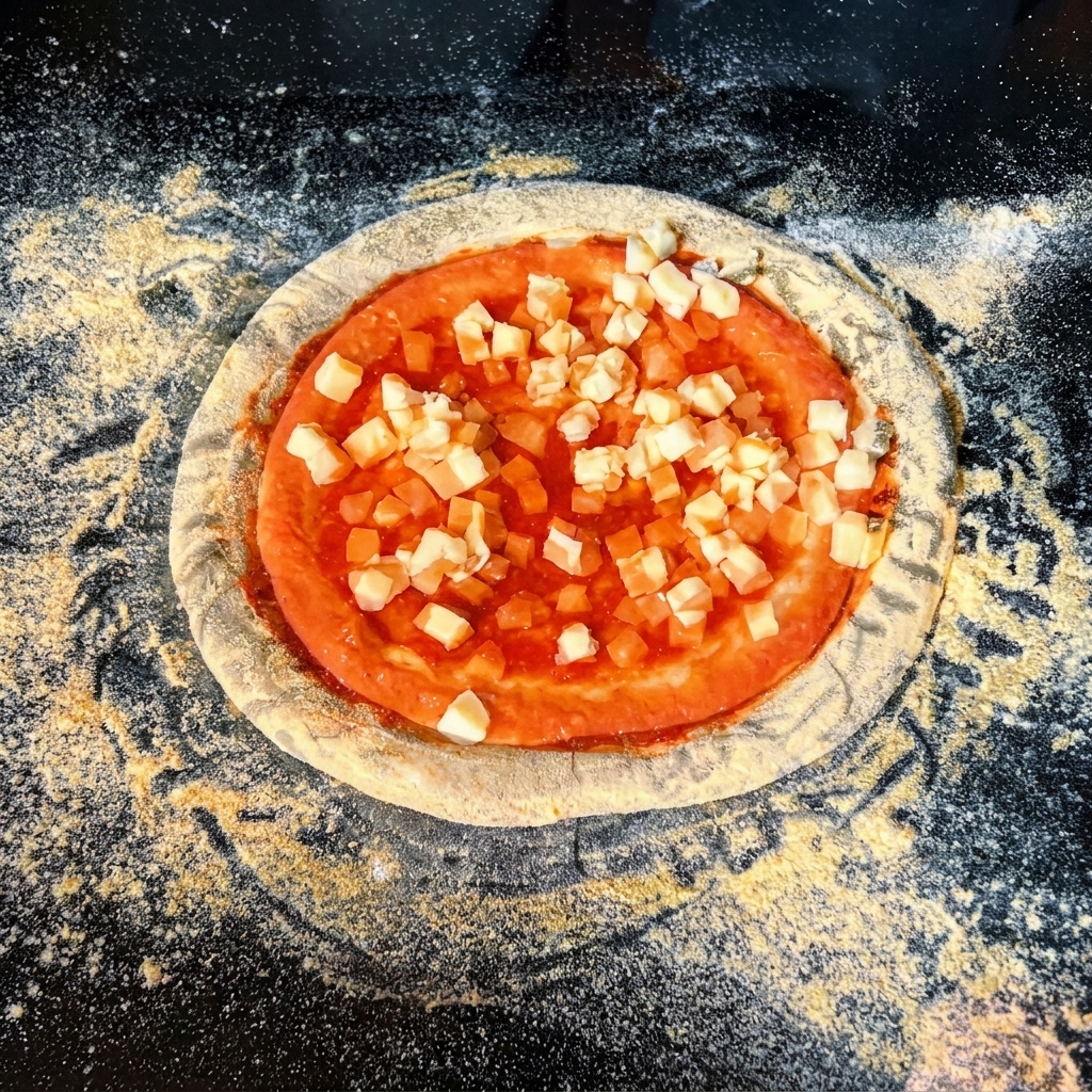 Pâte à pizza garnie de sauce tomate et saupoudrée de petits dés de mozzarella.