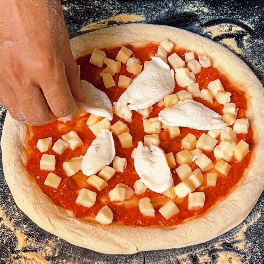 Une main déposant des morceaux de mozzarella di bufala fraîche sur une pizza garnie.