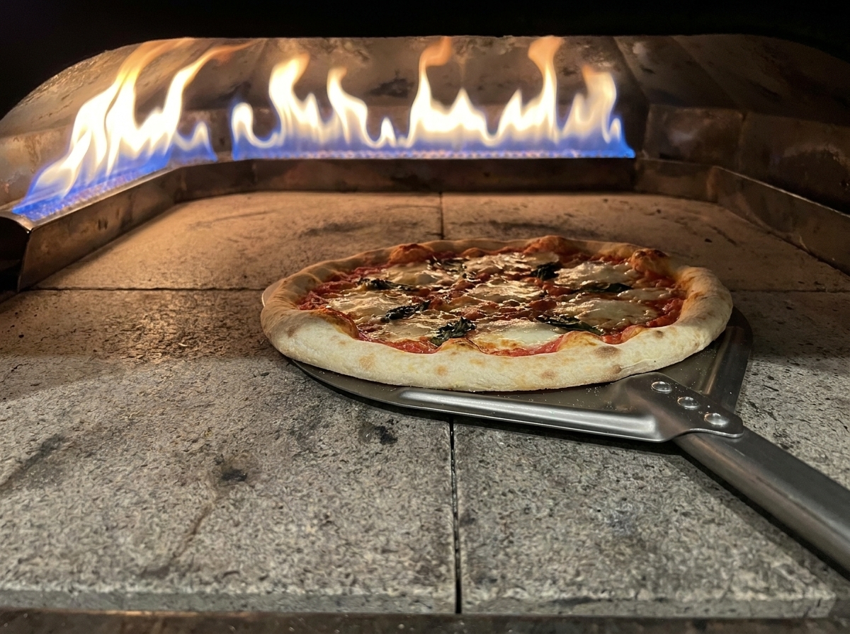 Une pizza Margherita en train de cuire dans un four chaud près des flammes.