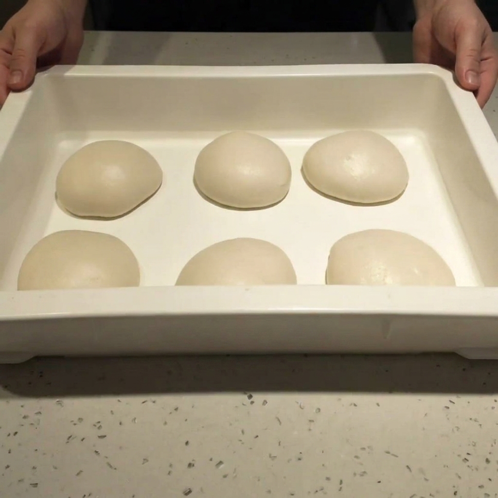 Une cuillère étalant de la sauce tomate en faisant des mouvements circulaires sur la pâte à pizza.
