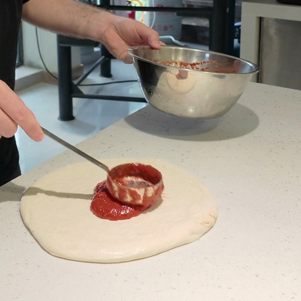 Pizza garnie de morceaux de mozzarella blanche et de feuilles de basilic vert vif.