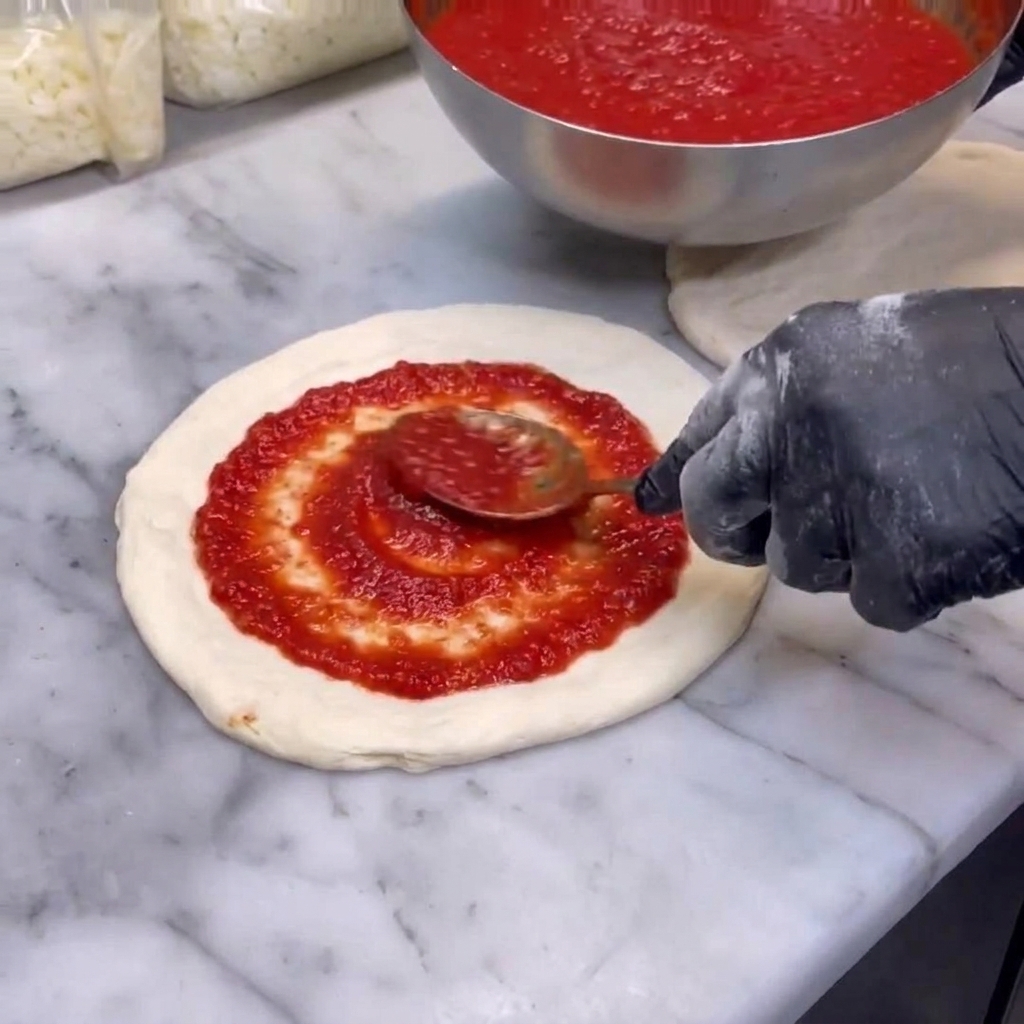 Une cuillère de sauce tomate rouge étalée uniformément sur un disque de pâte à pizza crue sur un plan de travail en marbre.