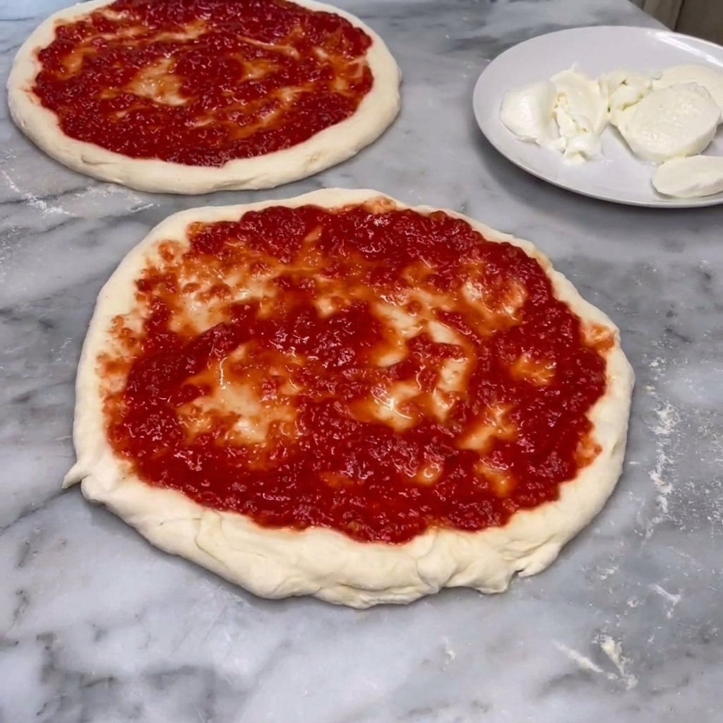 Du parmesan finement râpé saupoudré sur deux fonds de pizza garnis de sauce tomate.