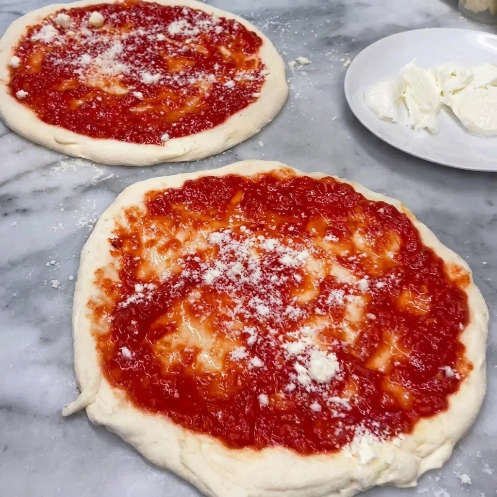 Des feuilles de basilic frais disposées sur la pizza garnie de sauce et de fromage.