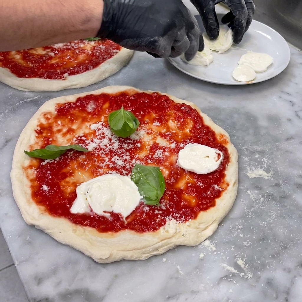 Tranches de mozzarella de bufflonne soigneusement placées sur une base de pizza préparée.