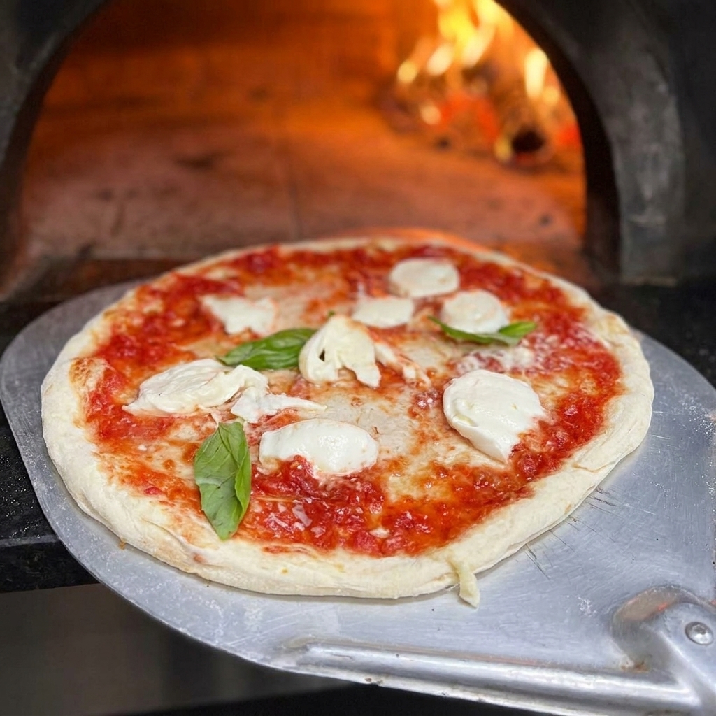 Une pizza Margherita assemblée introduite dans la gueule dun four à bois chaud à laide dune pelle en métal.