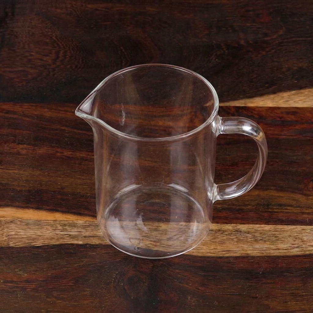 Un pichet mesureur en verre utilisé pour verser du liquide dans un bol contenant les ingrédients de la pâte.