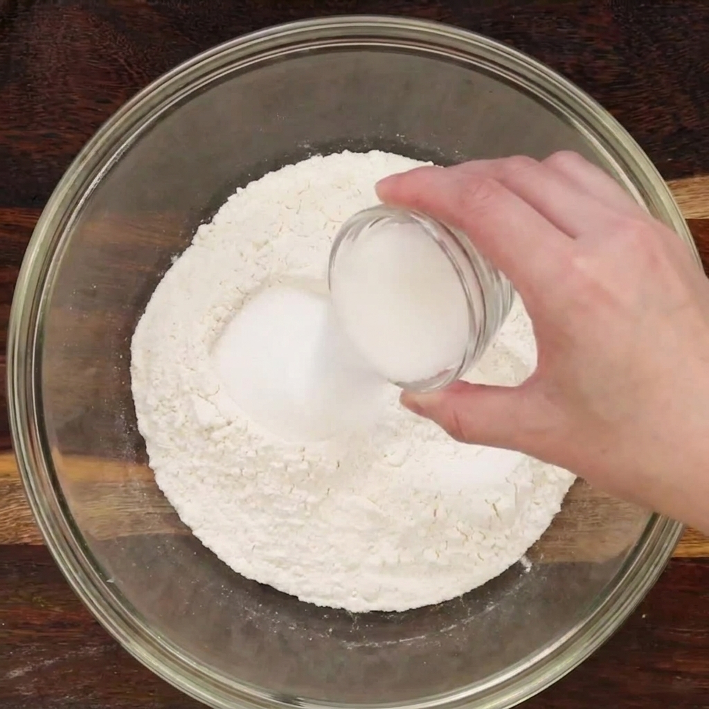 Une main versant du sucre en poudre dans un grand bol en verre contenant de la farine et du sel.