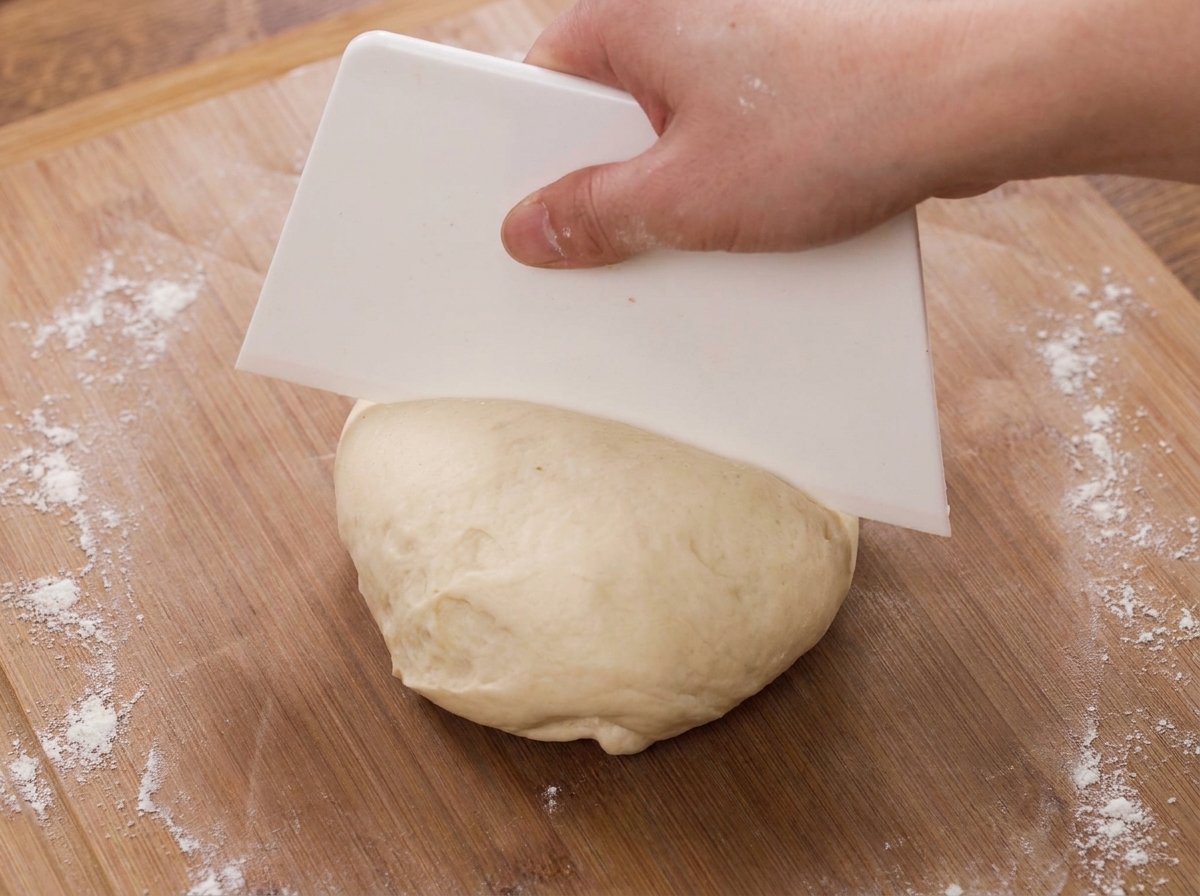 Une main utilisant un coupe-pâte pour détailler une portion de pâte sur une planche à découper en bois.