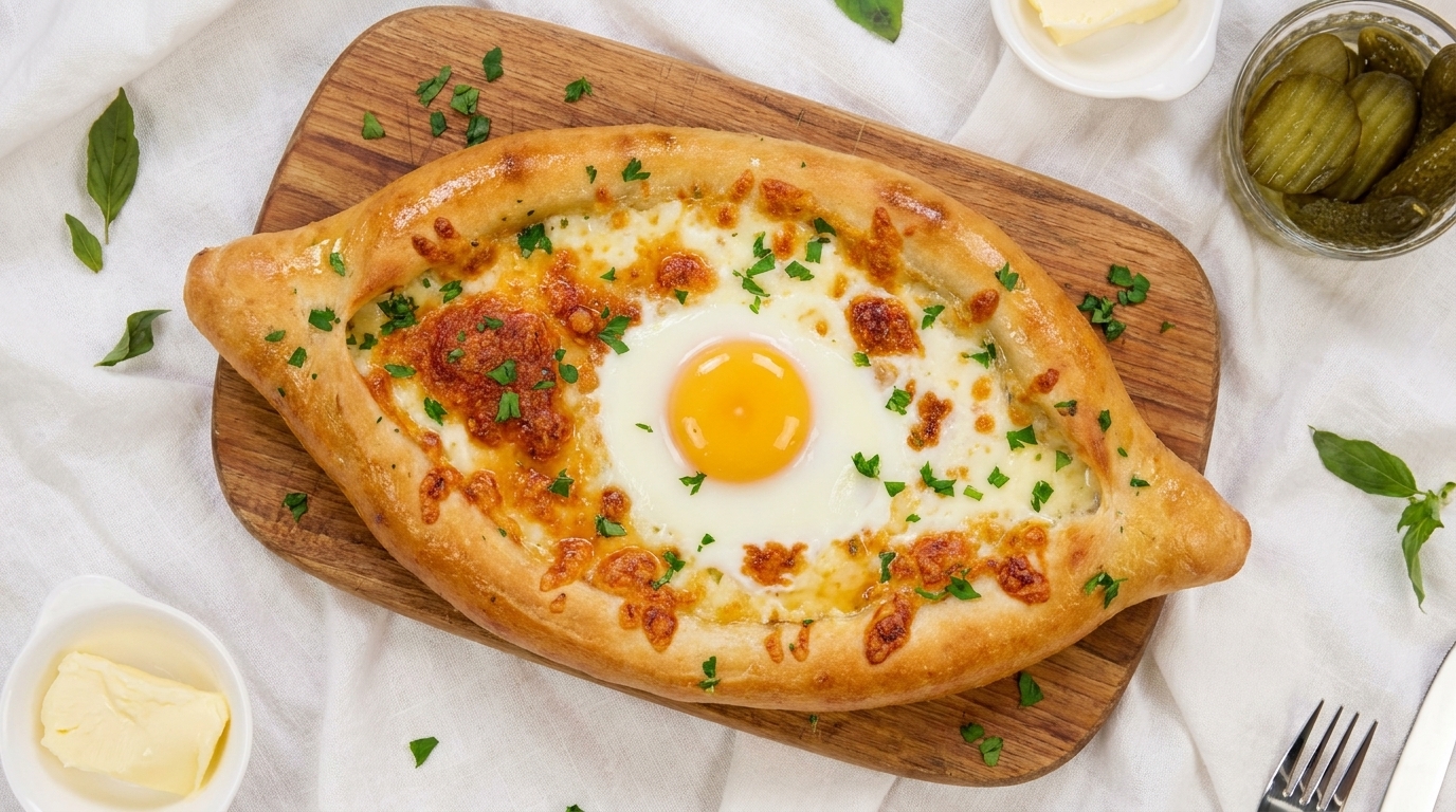 Un khachapuri doré en forme de bateau, généreusement garni de mozzarella fondue, surmonté dun œuf coulant et parsemé de persil frais.
