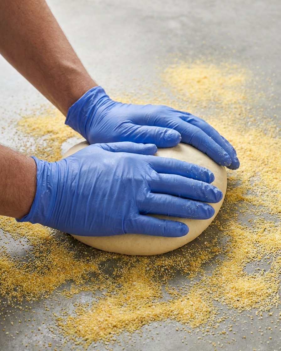 Une boule de pâte à pizza étalée à la main sur une surface farinée.