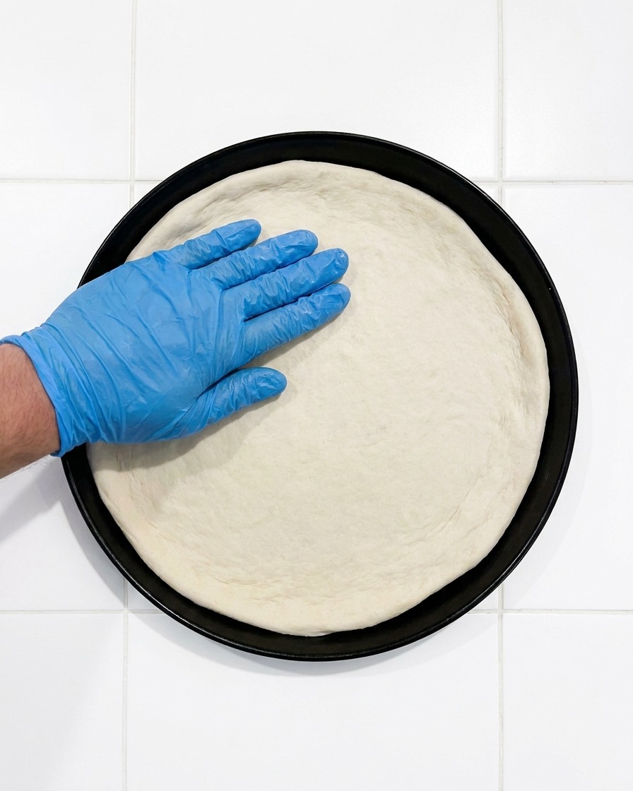 Pâte à pizza posée sur une plaque de cuisson noire.