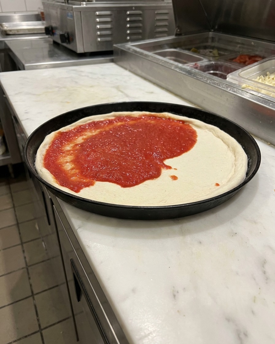 Louche étalant la sauce tomate sur la pâte à pizza.