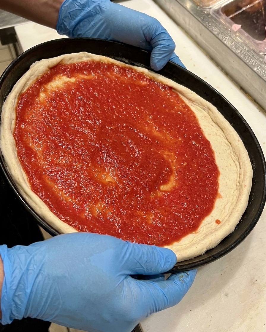 Olives noires dispersées sur la pizza saucée.