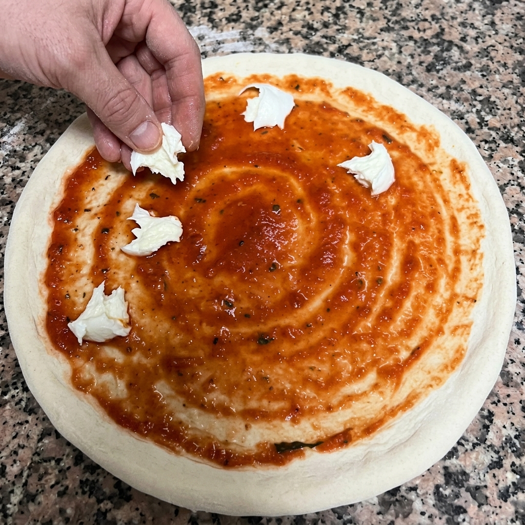 Main disposant des morceaux déchirés de mozzarella di bufala blanche et fraîche sur la base de sauce tomate.