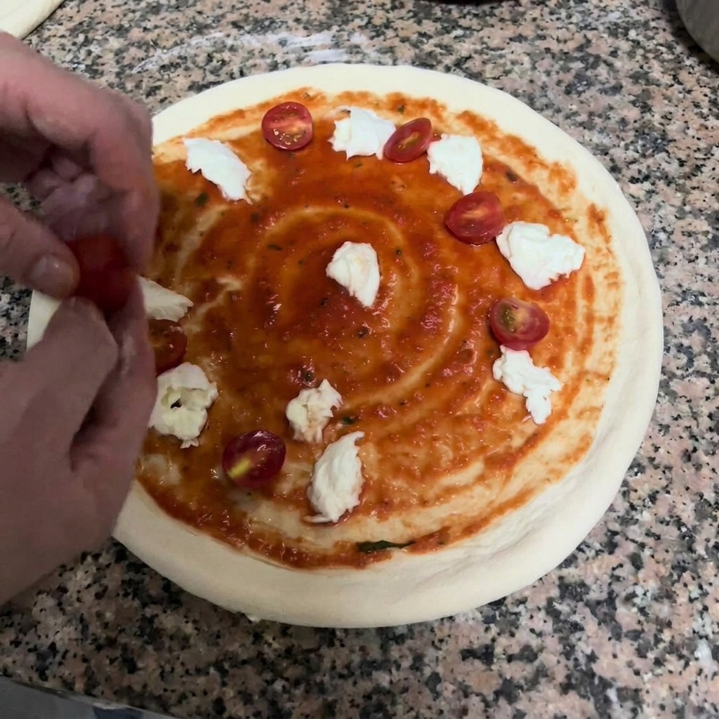 Mains déposant des demi-tomates cerises sur une pâte à pizza garnie de sauce tomate et de mozzarella.