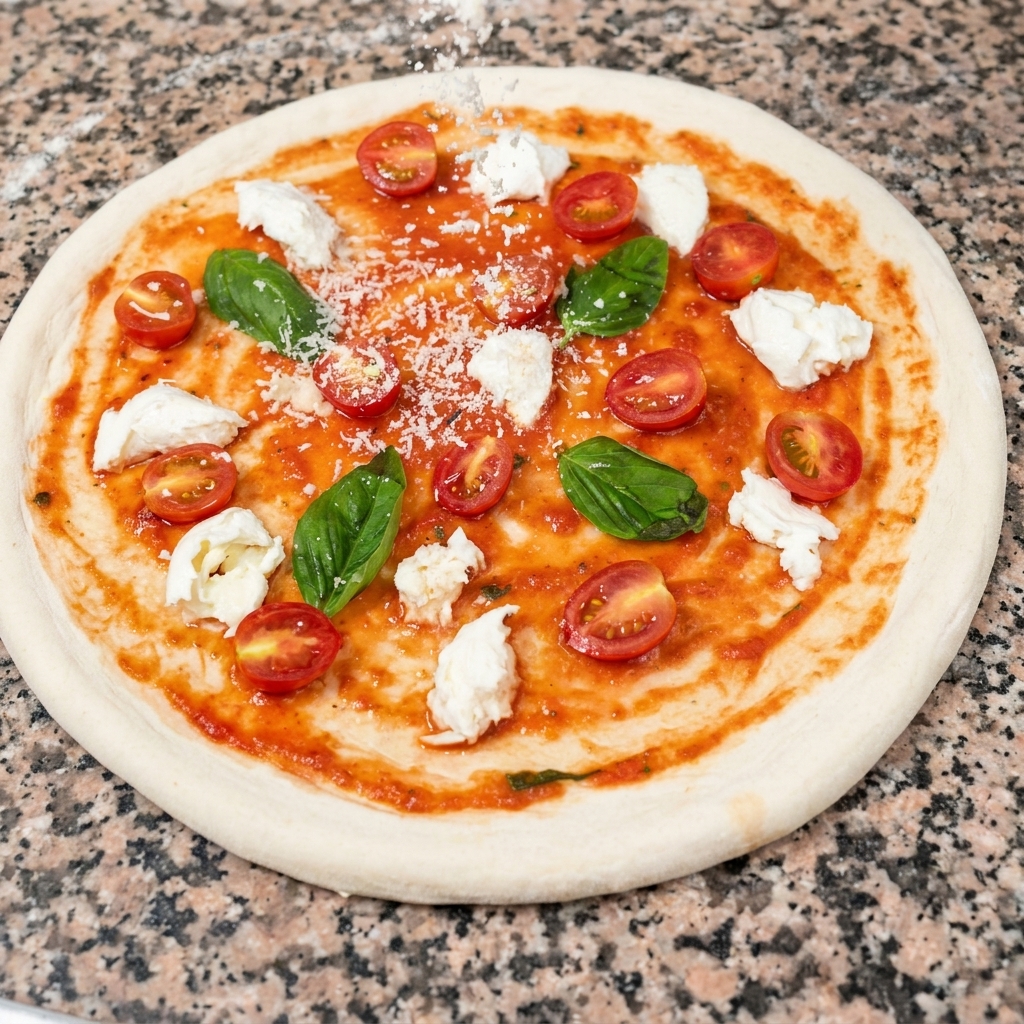 Parmesan râpé tombant en pluie sur une pizza assemblée, garnie de mozzarella, de tomates cerises et de feuilles de basilic frais.