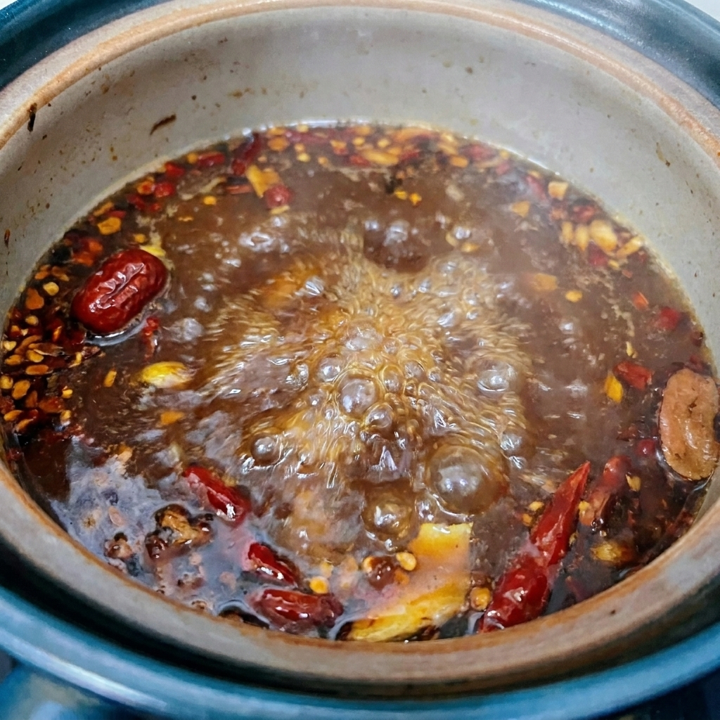 Un bouillon sombre et frémissant dans une marmite contenant diverses épices et aromates, en cours de préparation pour létape suivante.