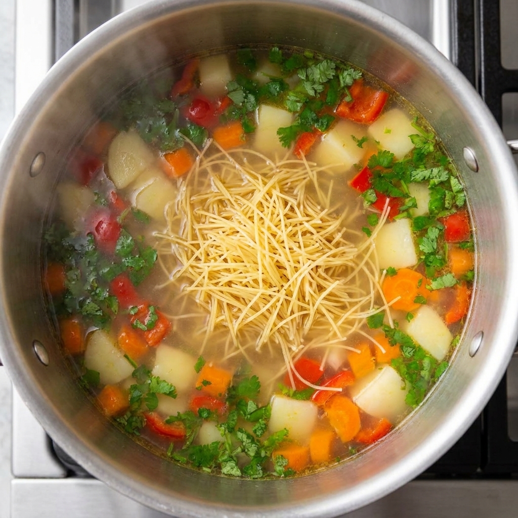 Nouilles ramen bouillant dans une marmite avec des légumes hachés et du bouillon.
