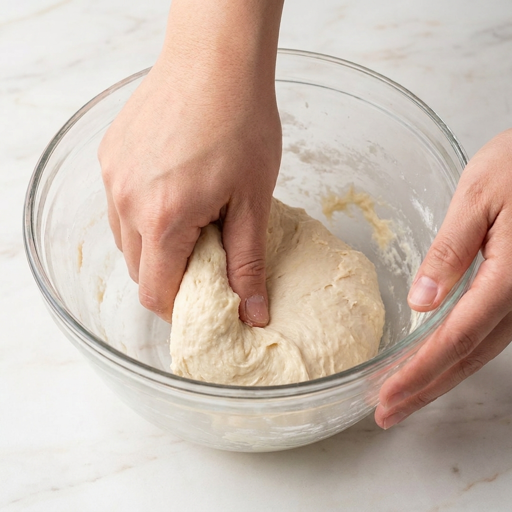 Mains pliant délicatement la pâte hydratée à lintérieur dun bol.