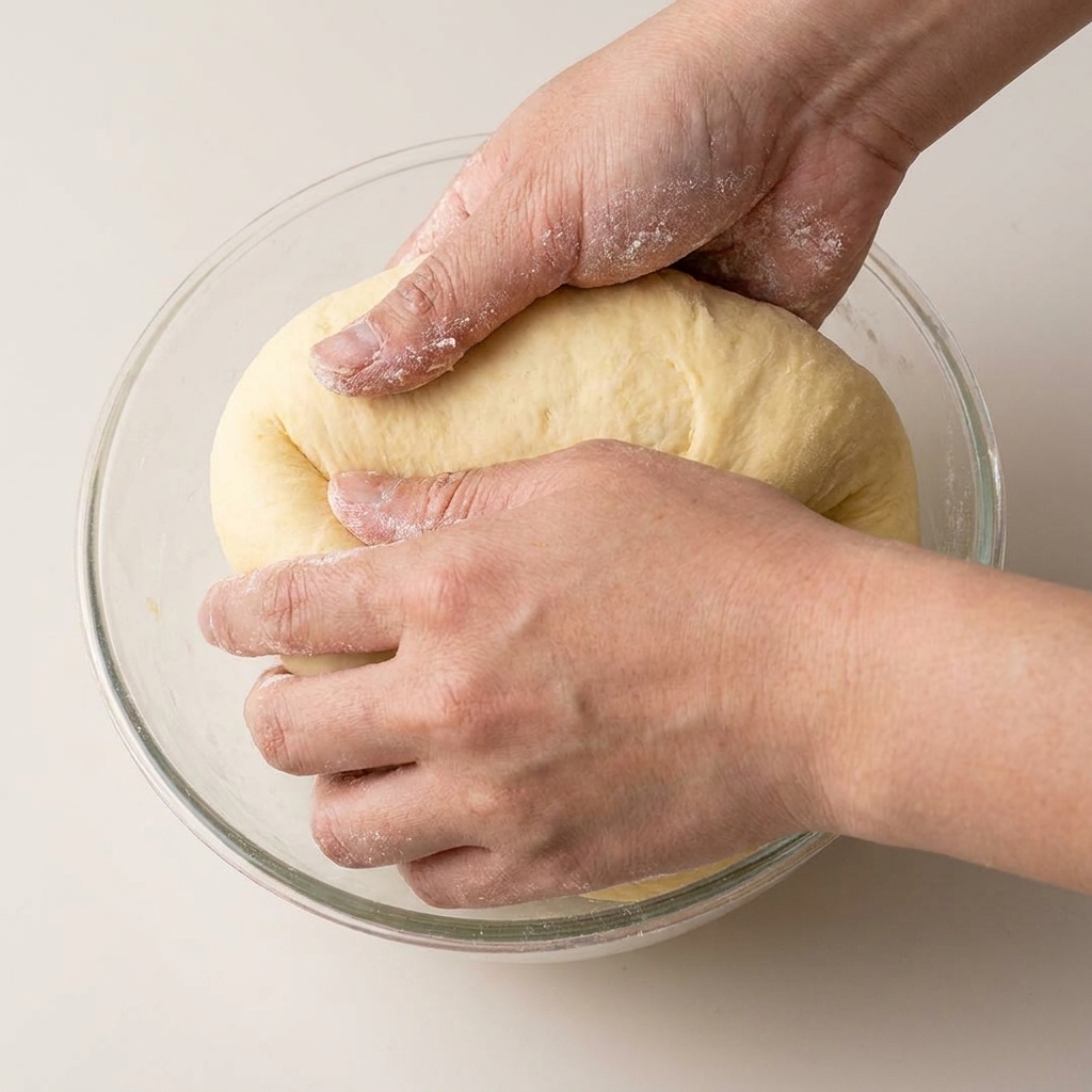 Une boule de pâte lisse et bien formée reposant sur une surface farinée.