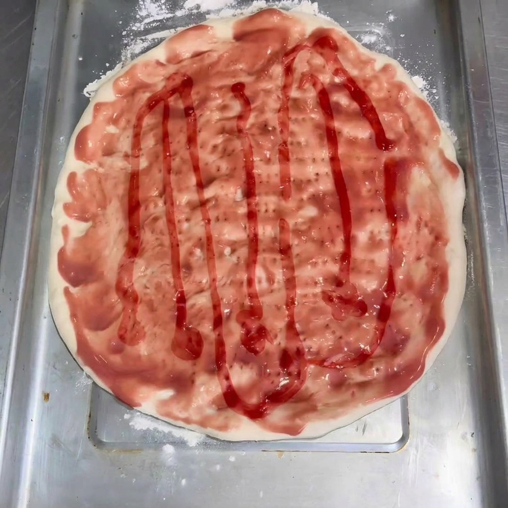 Sauce tomate étalée sur la pâte, prête pour les garnitures.