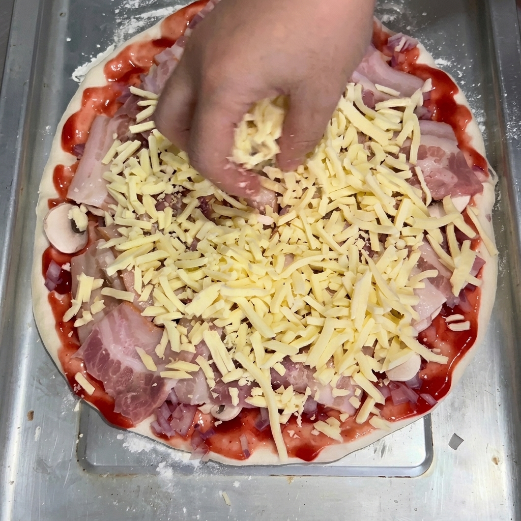 Une main saupoudrant de la mozzarella râpée sur la pizza garnie de bacon, de champignons et doignons.