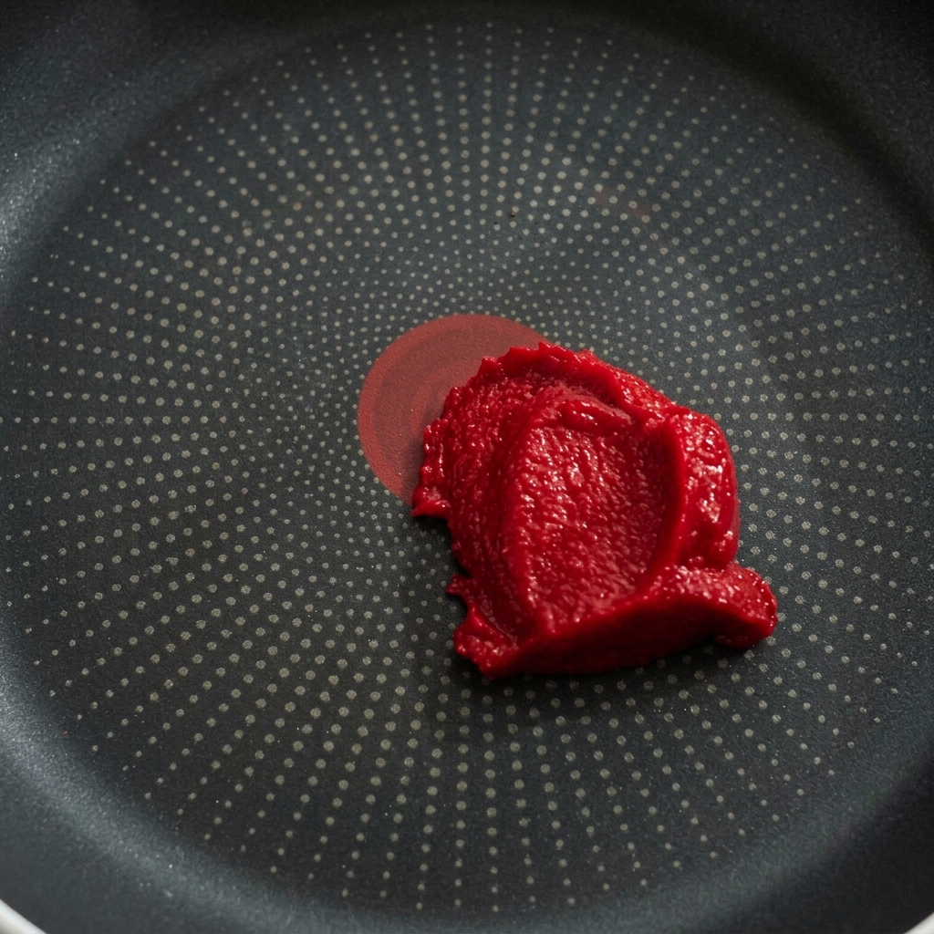 Gros plan sur du concentré de tomate et du ketchup mélangés dans une poêle antiadhésive jusquà obtenir une belle couleur rouge.