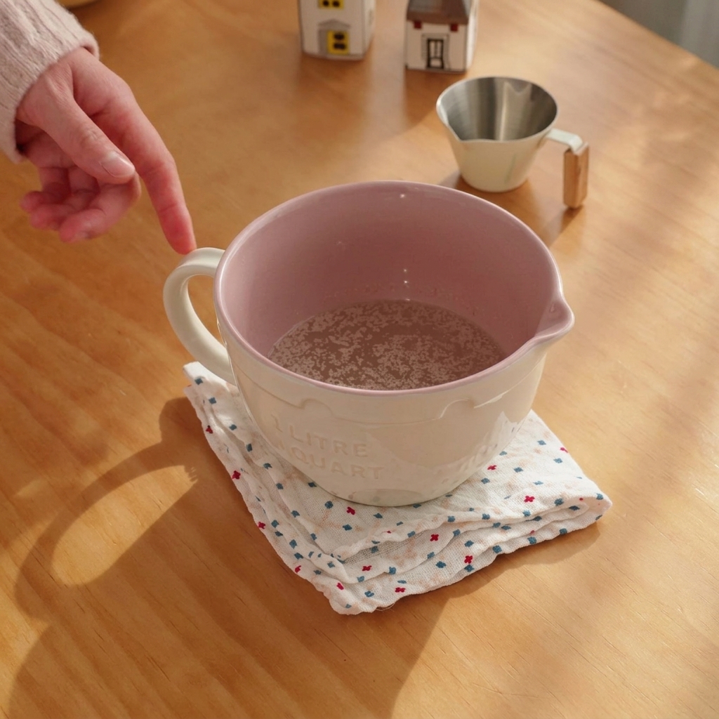 Levure et sucre fouettés dans de leau tiède au sein dun bol à mélanger rose.