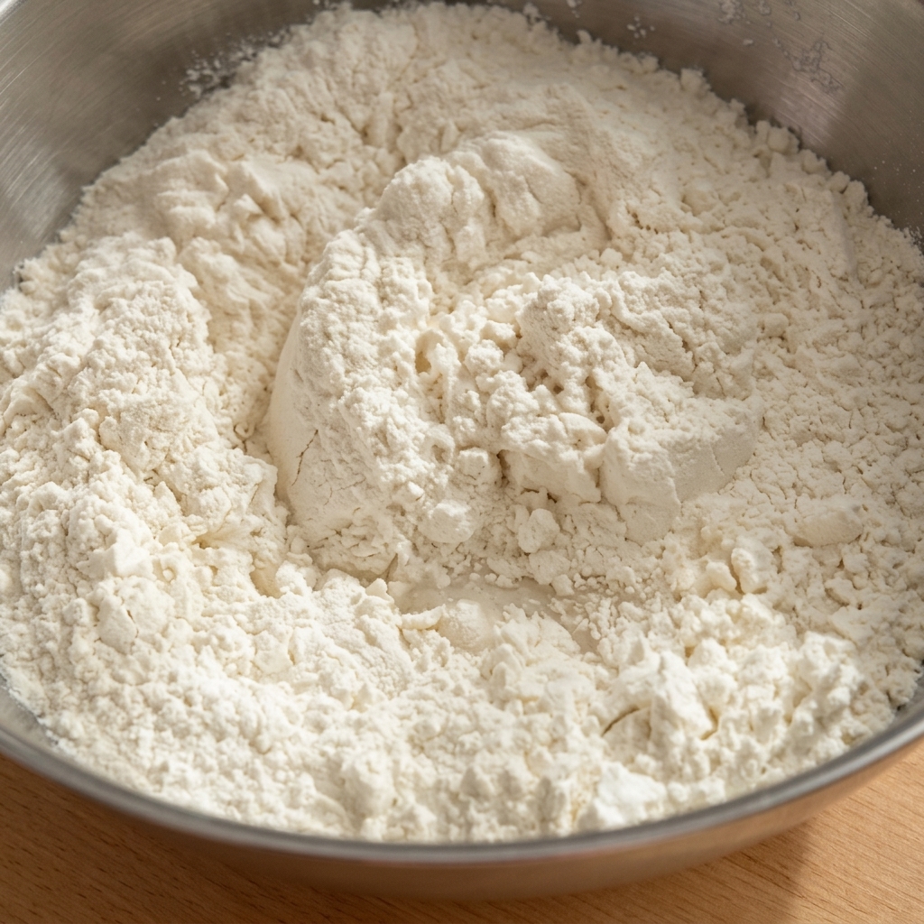 Mélange de la farine et du liquide à la levure avec des baguettes dans un grand bol en métal pour créer une pâte grumeleuse.