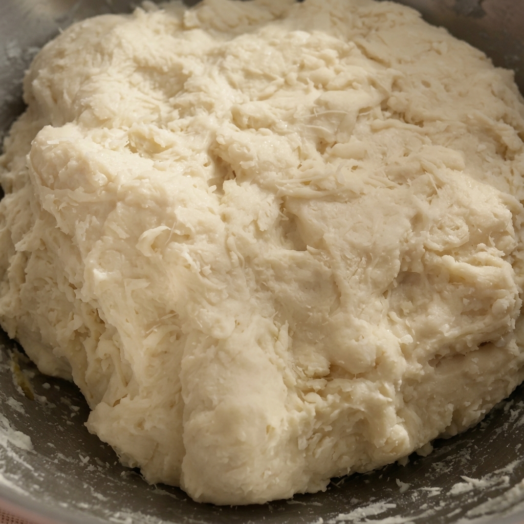 Beurre fondu doré versé dans un bol contenant la pâte grumeleuse partiellement mélangée.