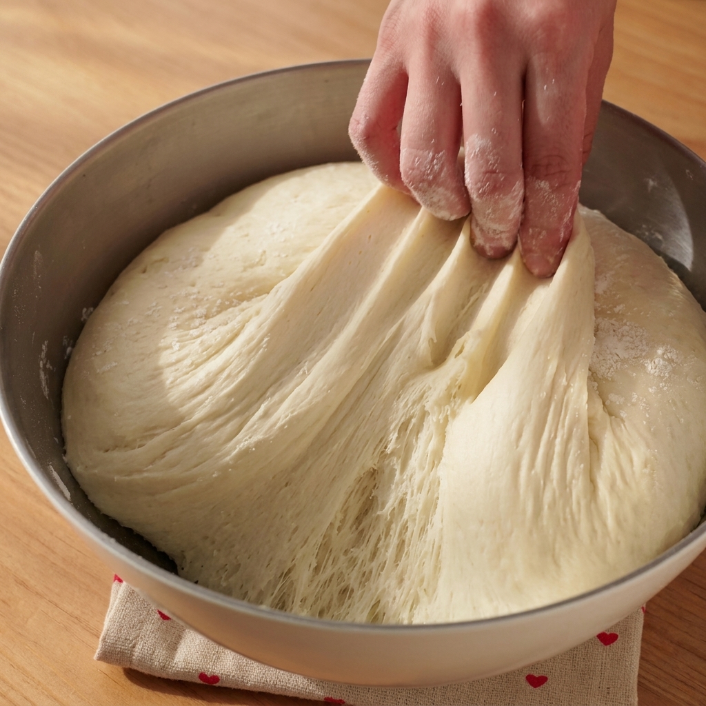 Gros plan montrant la pâte à pizza fermentée étirée, révélant une texture interne alvéolée et aérée.