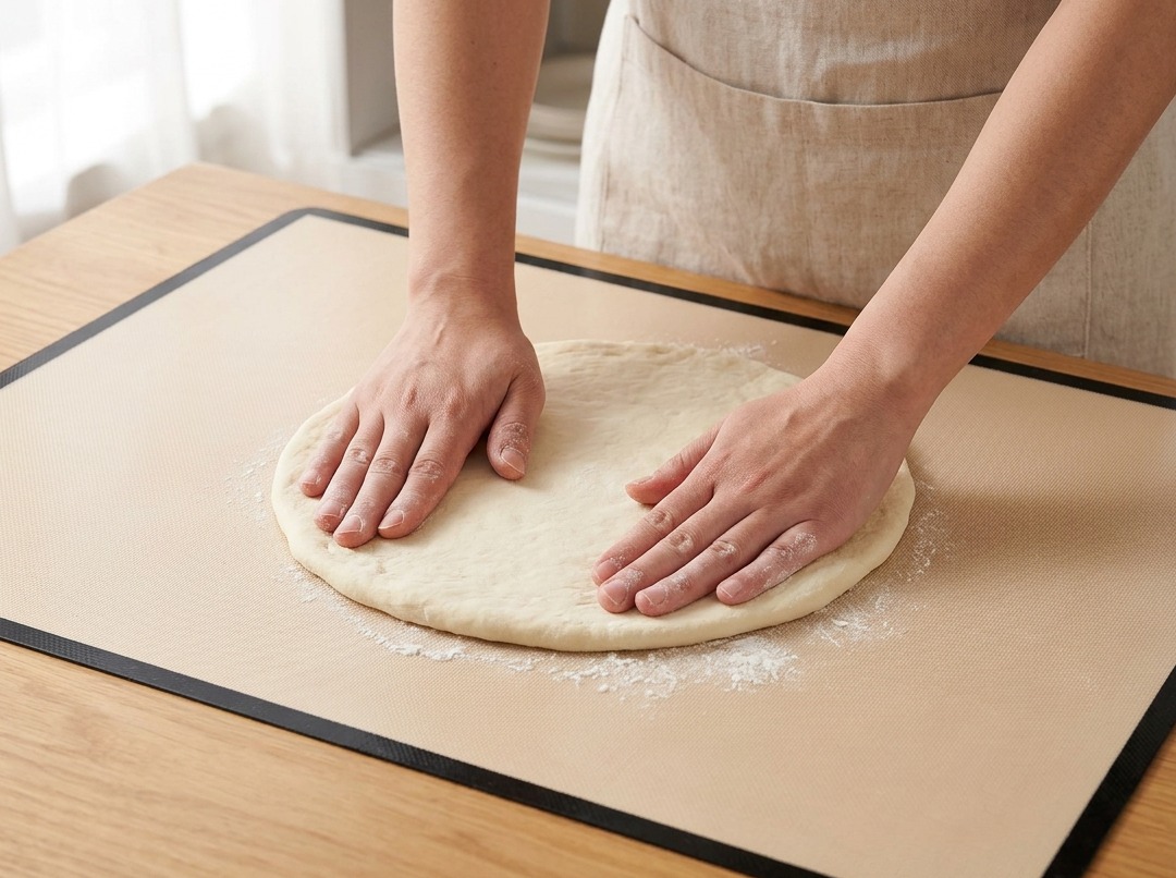 Mains étirant et aplatissant une pâte à pizza circulaire sur un tapis de cuisson en silicone.
