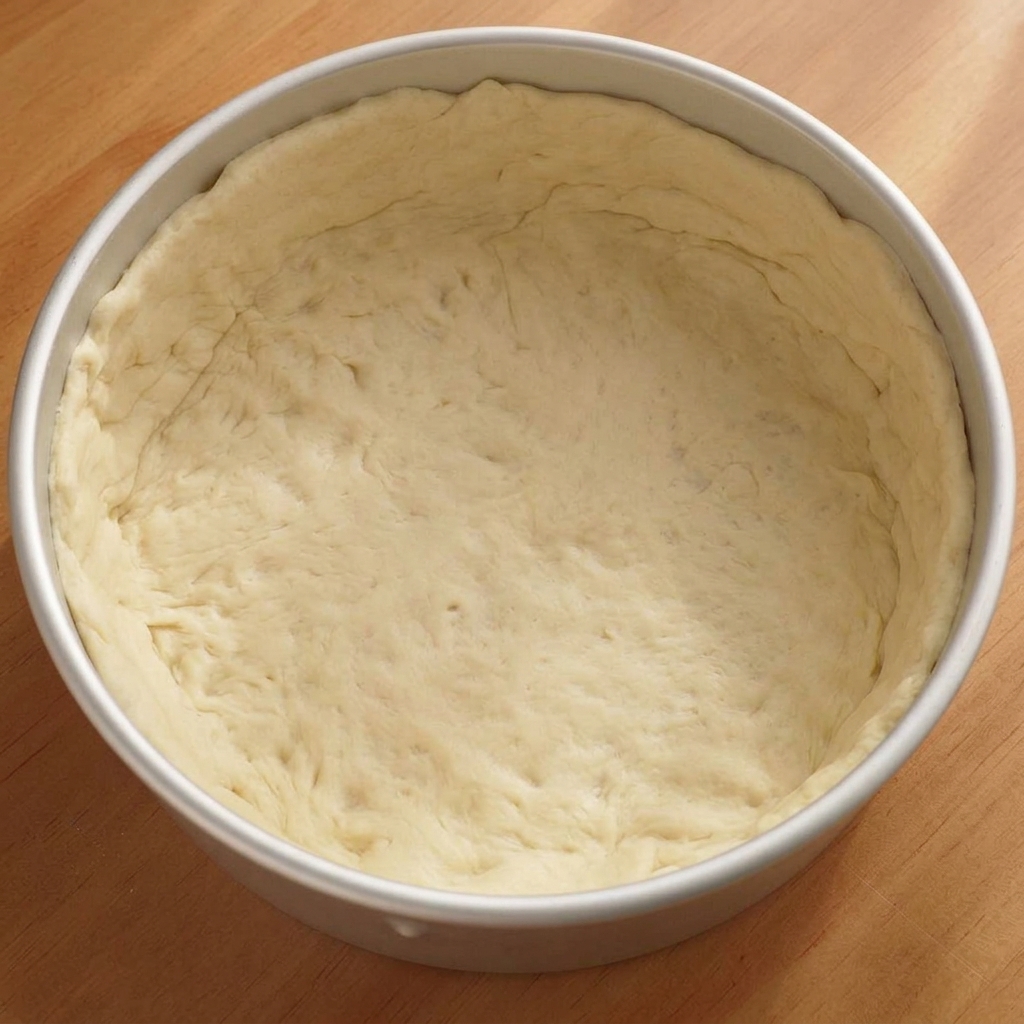 Croûte de pâte à pizza ronde placée soigneusement dans un moule à gâteau en métal, avec des trous de fourchette réguliers au fond.
