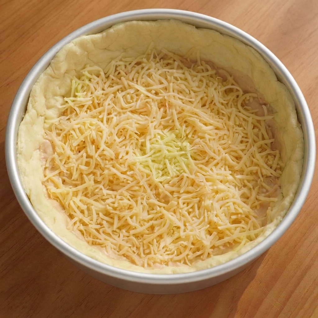 Couche de mozzarella râpée au fond de la pâte, surmontée de tranches de salami disposées régulièrement.