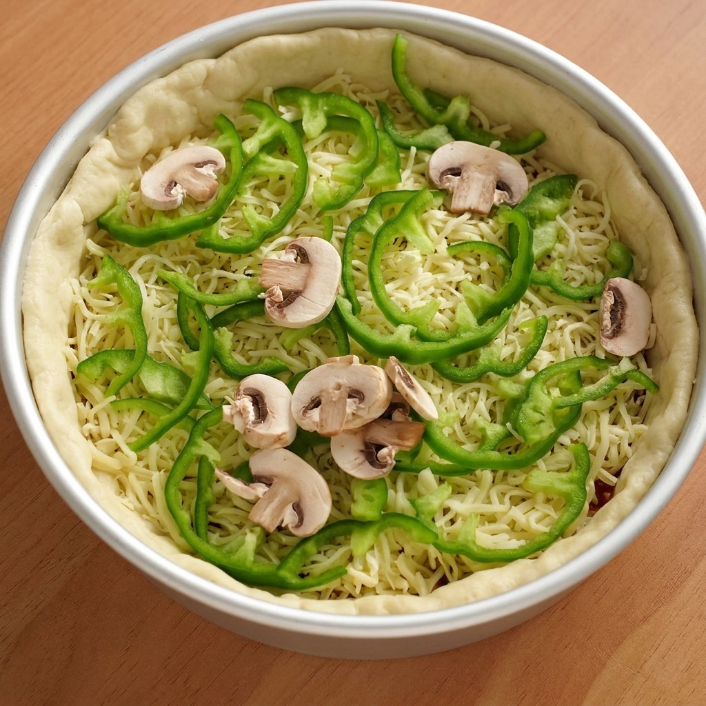 Tranches de poivron vert et champignons de Paris frais disposés sur la couche de fromage et de viande.