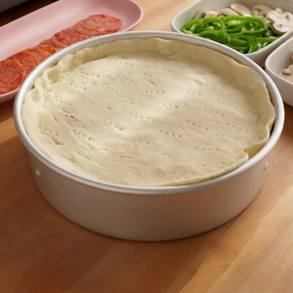 Un disque de pâte plus petit placé sur la garniture de la pizza, avec les bords soudés à la main.