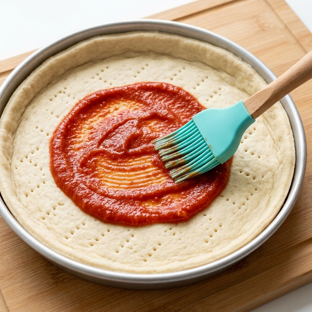 Pinceau en silicone vert étalant la sauce tomate rouge sur la couche supérieure de la pâte à pizza.
