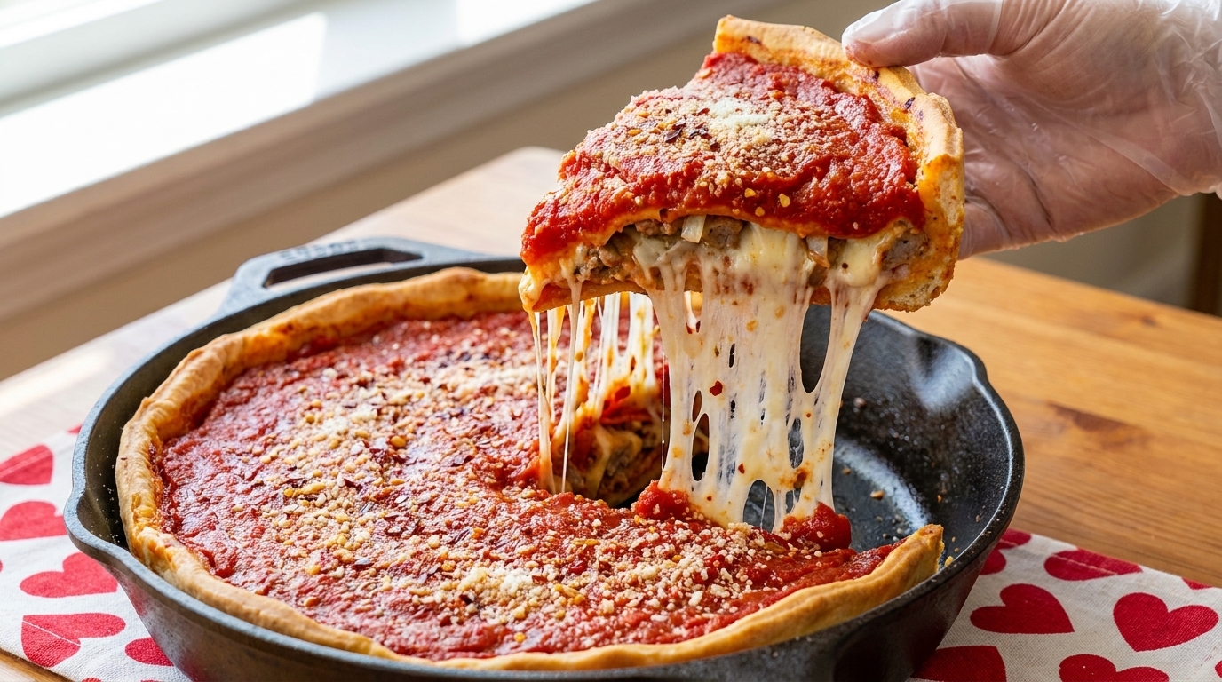 Une part de pizza deep dish généreusement garnie de sauce tomate avec un cœur de mozzarella fondante.