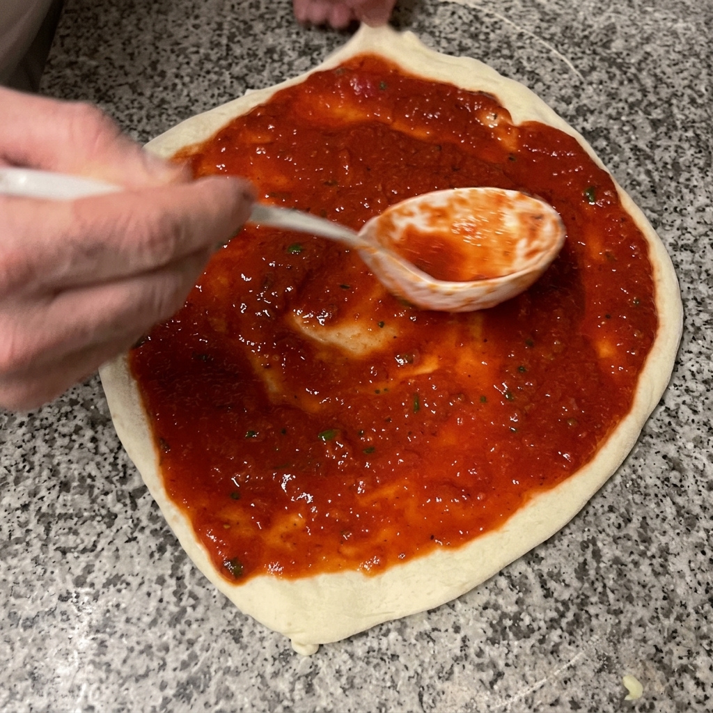 Ail haché et huile dolive déposés sur la pizza nappée de sauce.