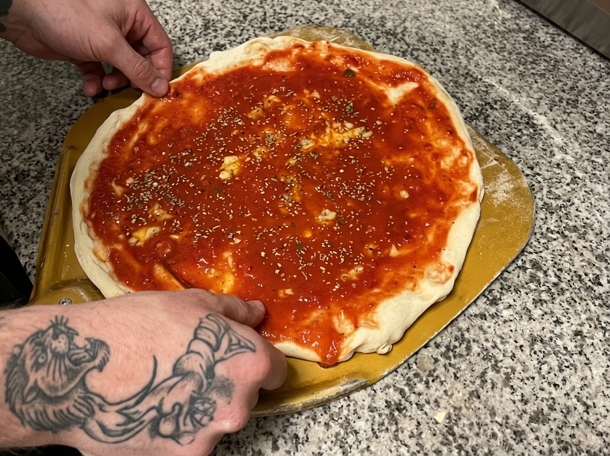 Pizza préparée sur une pelle avant dêtre enfournée.