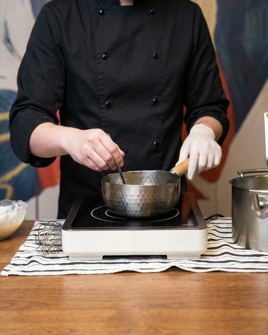 Une grande marmite remplie dos de porc et deau, bouillant vigoureusement sur la cuisinière.