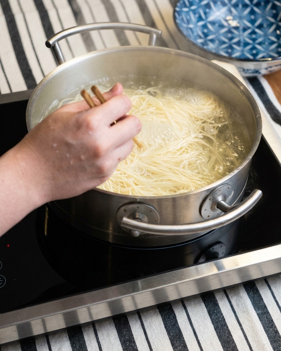 Une louche mélangeant une dose de pâte miso dans le bouillon de porc frémissant.