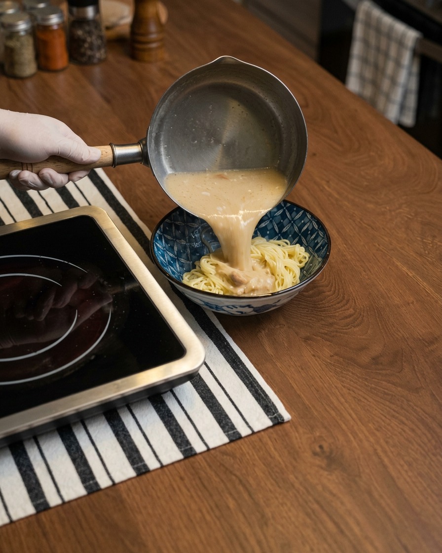 Nouilles ramen en train de bouillir dans une casserole deau, capturées en mouvement.