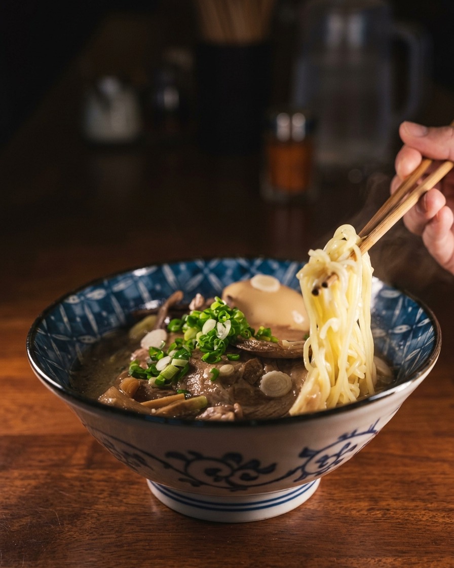 Un bol rempli de nouilles ramen cuites, avec le bouillon miso chaud versé par-dessus.