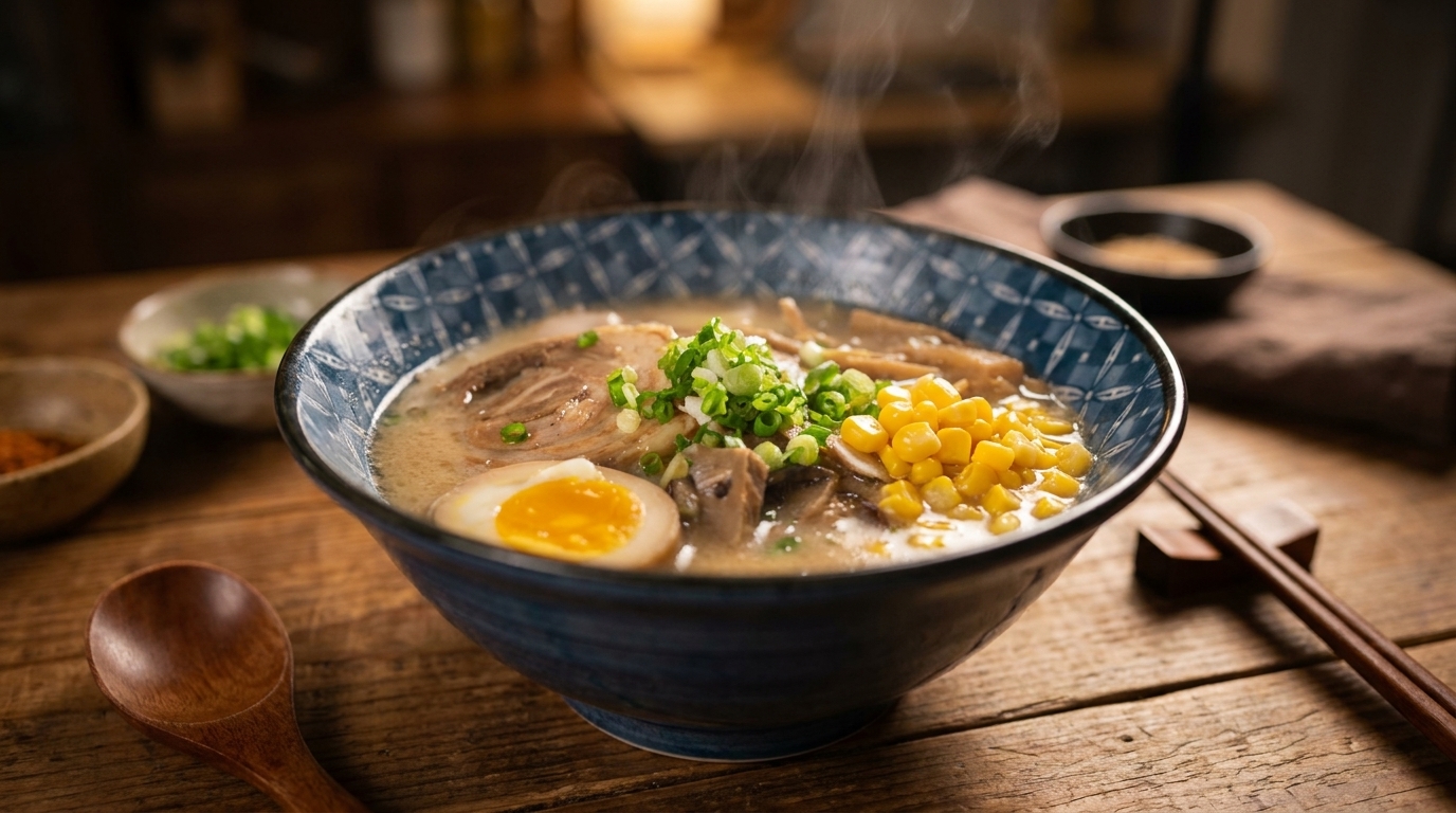 Un bol de ramen au miso fumant, garni de porc tranché, dun œuf mollet, de maïs doux et doignons verts.
