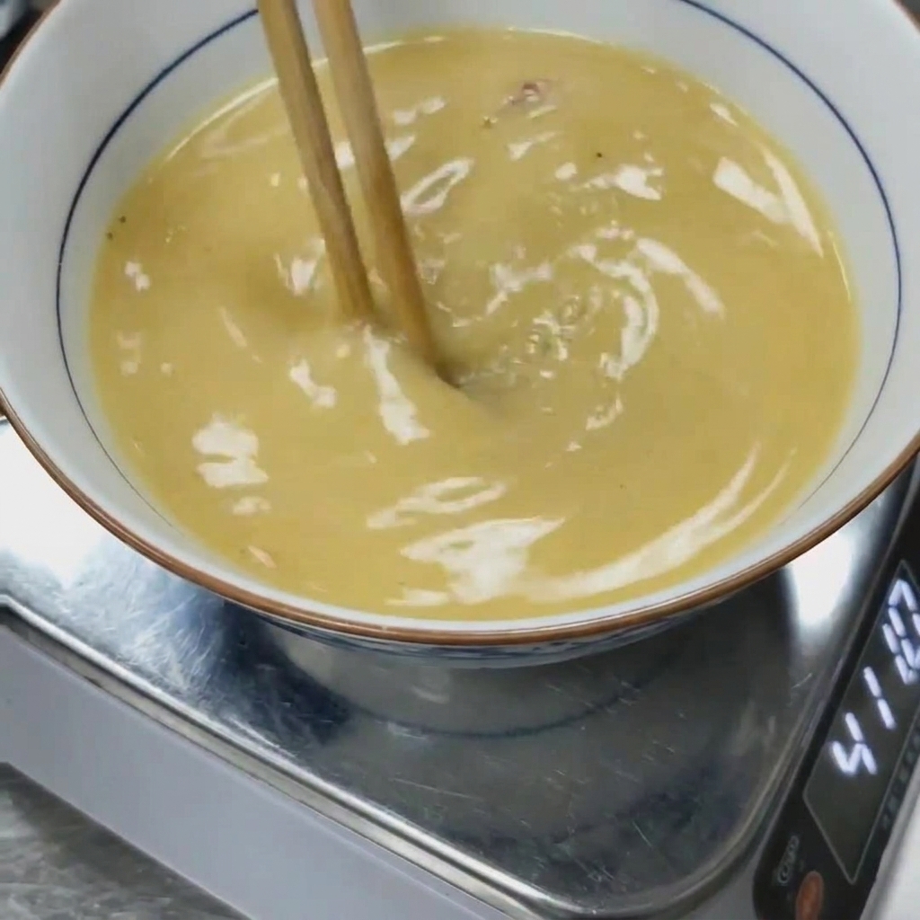 Pâte miso en cours de mélange vigoureux dans un bouillon de porc chaud avec des baguettes.