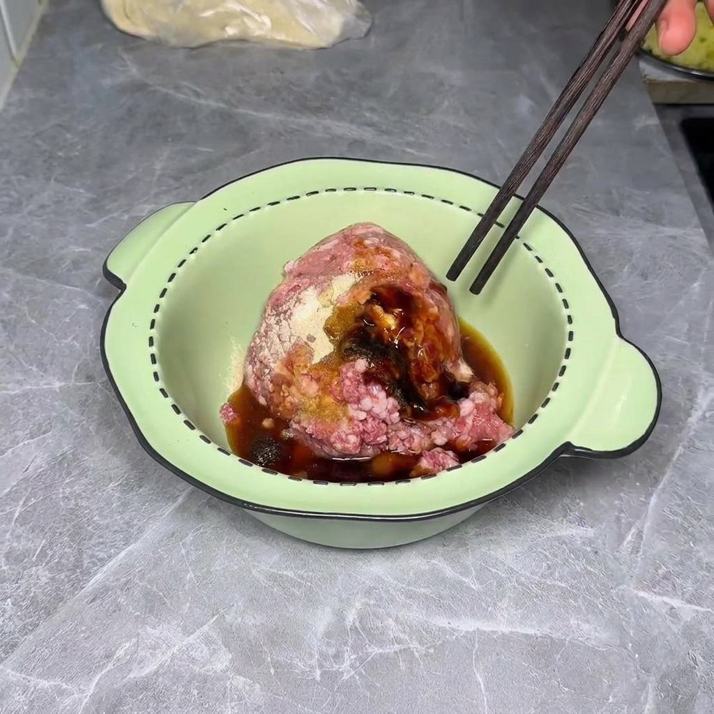 Oignons verts et gingembre ajoutés à la farce.
