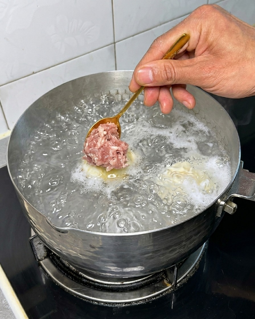 Boulettes de viande dans leau bouillante.